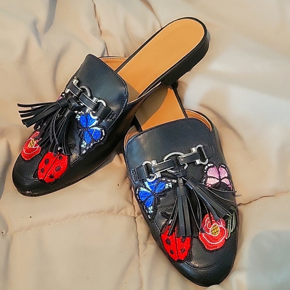 Embroidered embellished slip ons